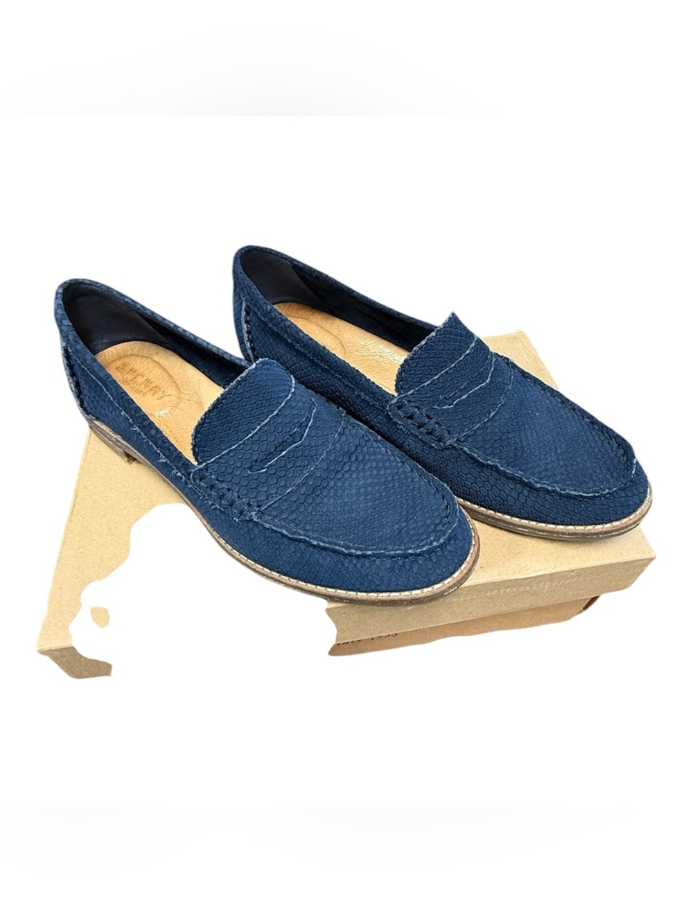 Sperry Ladies size 7.5 snake print Navy Textured Penny Loafers Seaport style